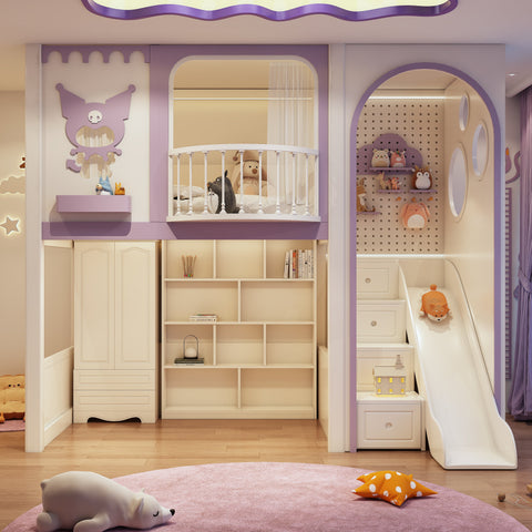 Children's room with bunk bed, slide, and play area.