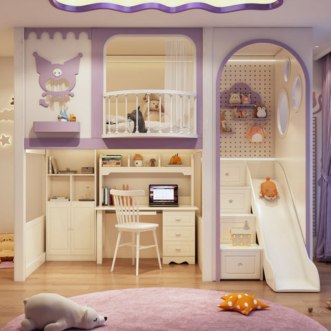 Children's room with play area, desk, and slide