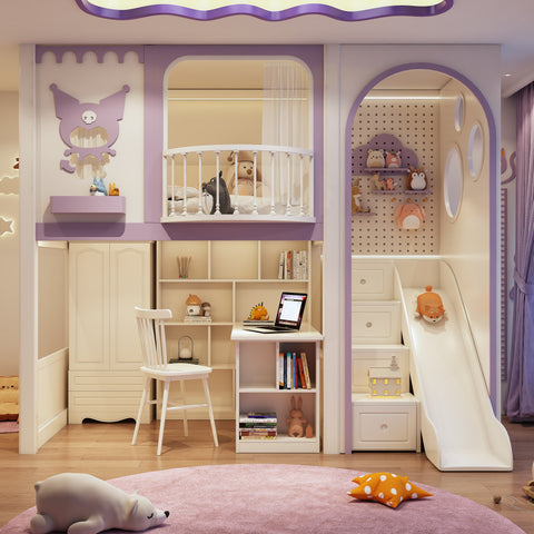 Children's room with bunk bed, slide, and desk area.