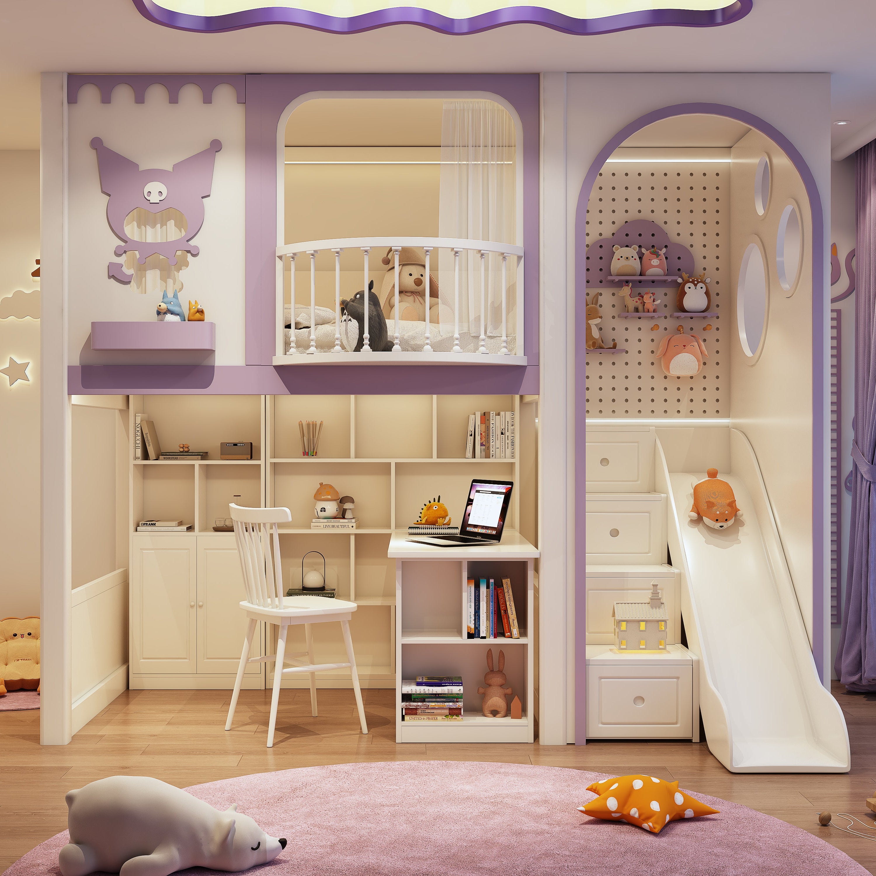 Children's room with bunk bed, slide, and desk area.