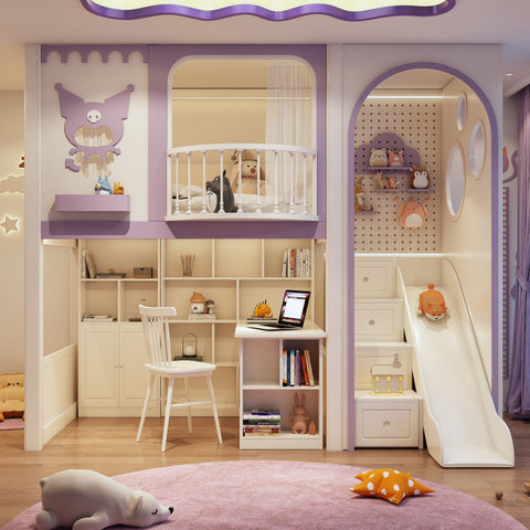 Children's room with bunk bed, slide, and desk area.