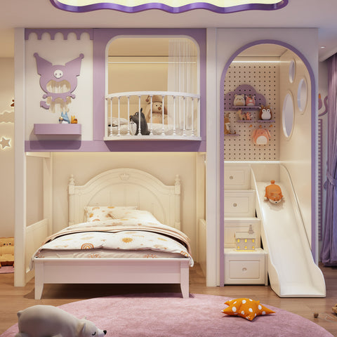 Children's bedroom with a slide, bed, and colorful decor