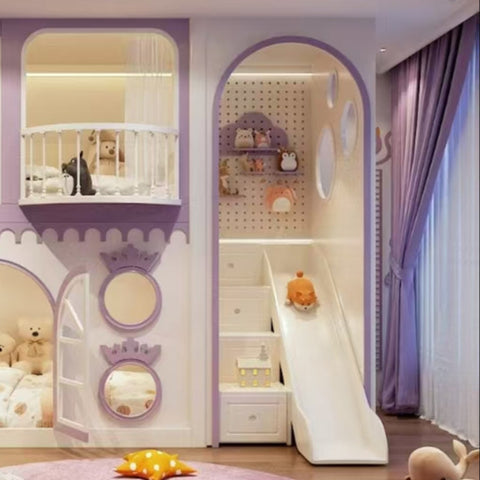 Children's bedroom with a castle-themed bed and slide