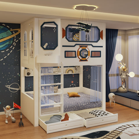 Children's bedroom with space-themed decor, including a bunk bed and wall murals.