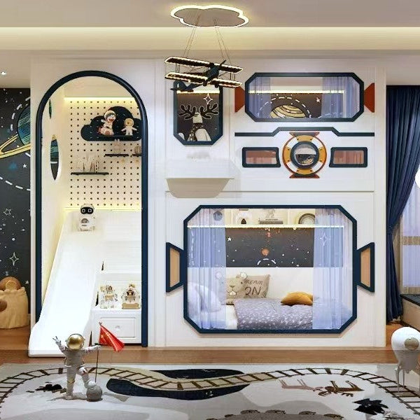 Children's room with space-themed decor, including a bed, shelves, and wall decorations.