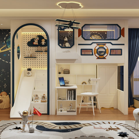 Modern children's room with space-themed decor, including a rug, wall art, and furniture.
