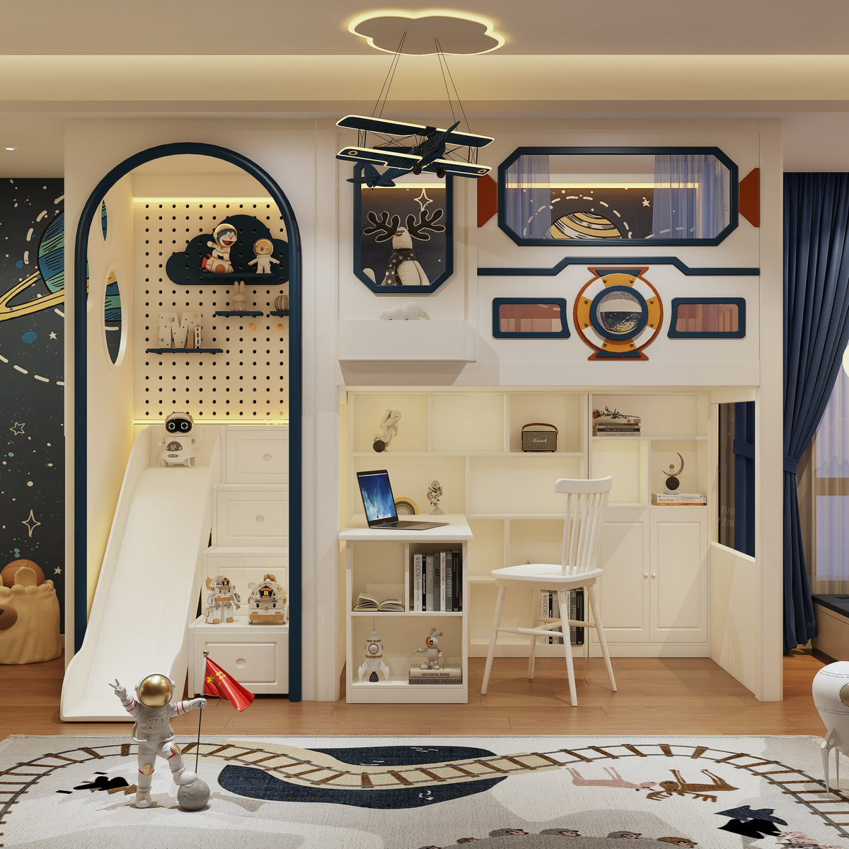 Modern children's room with space-themed decor, including a desk, shelves, and decorative items.