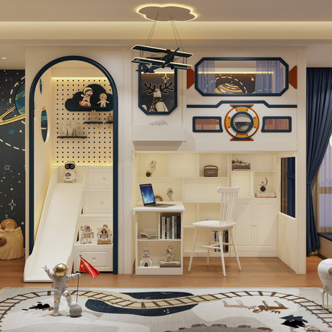Modern children's room with space-themed decor, including a desk, shelves, and decorative items.