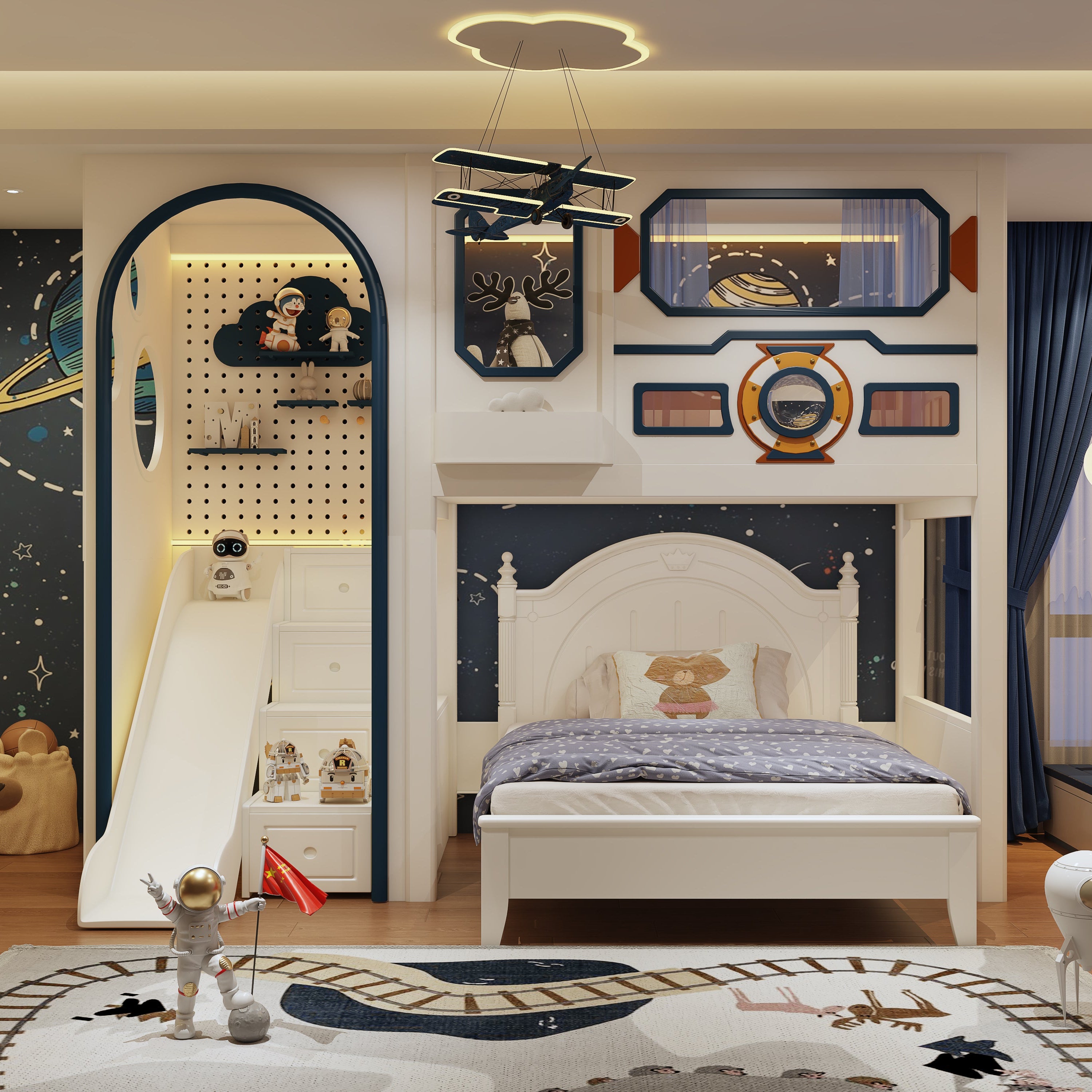 Children's bedroom with space-themed decor, including a bed, shelves, and decorative items.