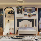 Children's bedroom with space-themed decor, including a bed, shelves, and decorative items.