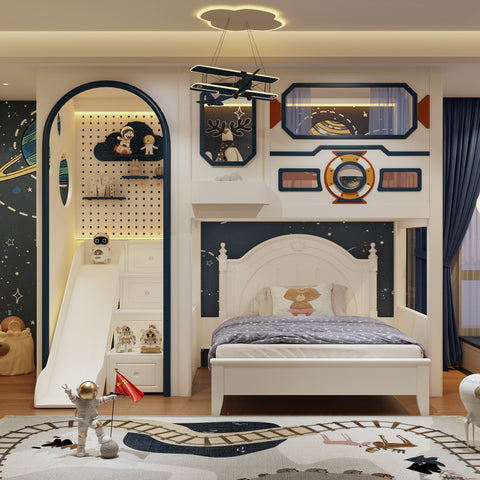 Children's bedroom with space-themed decor, including a bed, shelves, and decorative items.