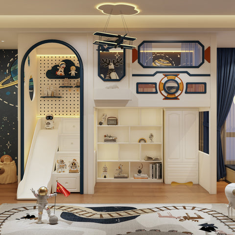 Modern children's room with space-themed decor, including shelves, wall art, and toys.