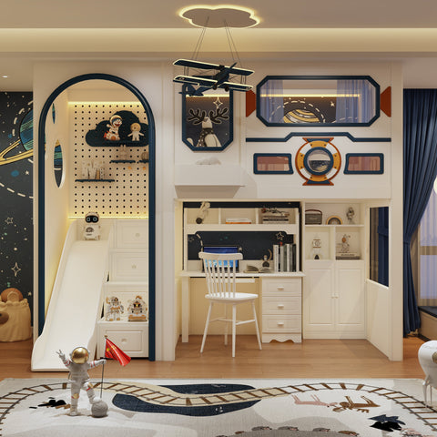 Children's room with space-themed decor, including a desk, chair, and various space-themed items.