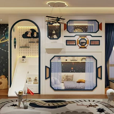 Children's room with space-themed decor, including a bed, shelves, and wall decorations.
