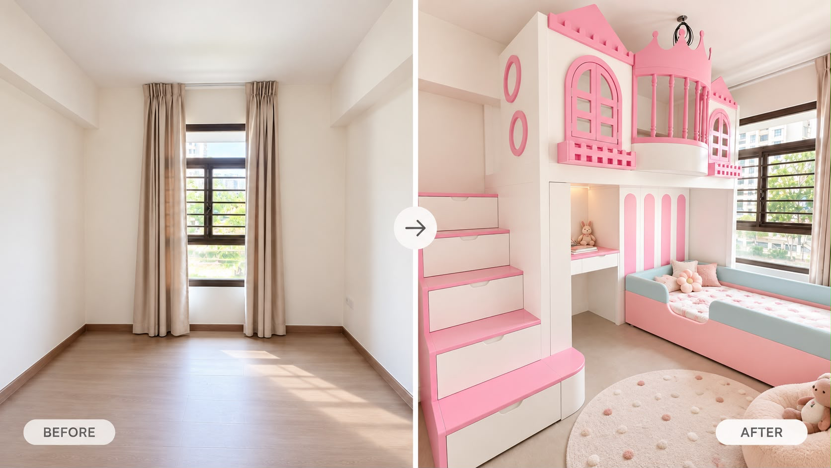 Before and after children's room planning transformation