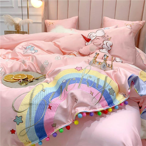 Snuggle Pink Unicorn Rainbow Bedsheet Set (Queen / King) - Kids Haven