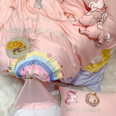 Snuggle Pink Unicorn Rainbow Bedsheet Set (Queen / King) - Kids Haven